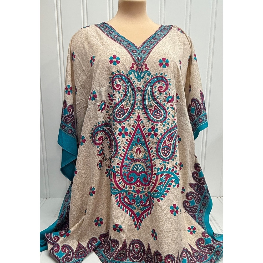 Brenda Kaftan Top Women One Size Tan Teal Paisley Boho Kimono Oversized READ